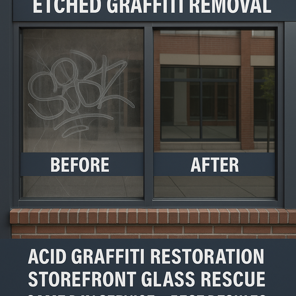 Illustration of Glass & windows etched graffiti removal fast same day service best results