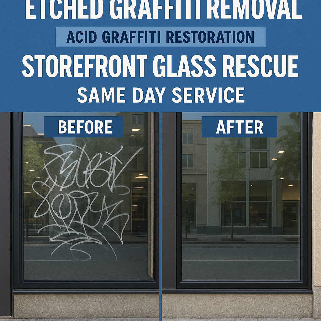 Illustration of glass & windows etched graffiti removal fast same day service for affordable storefront glass rescue