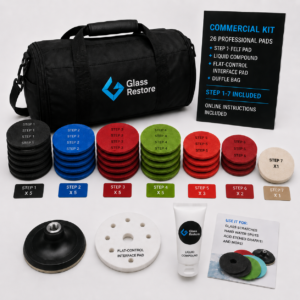 Commercial Glass Scratch Acid Graffiti and Hard Water Spot Removal Kit with 26 pads liquid compound interface pad backing pad and duffle bag