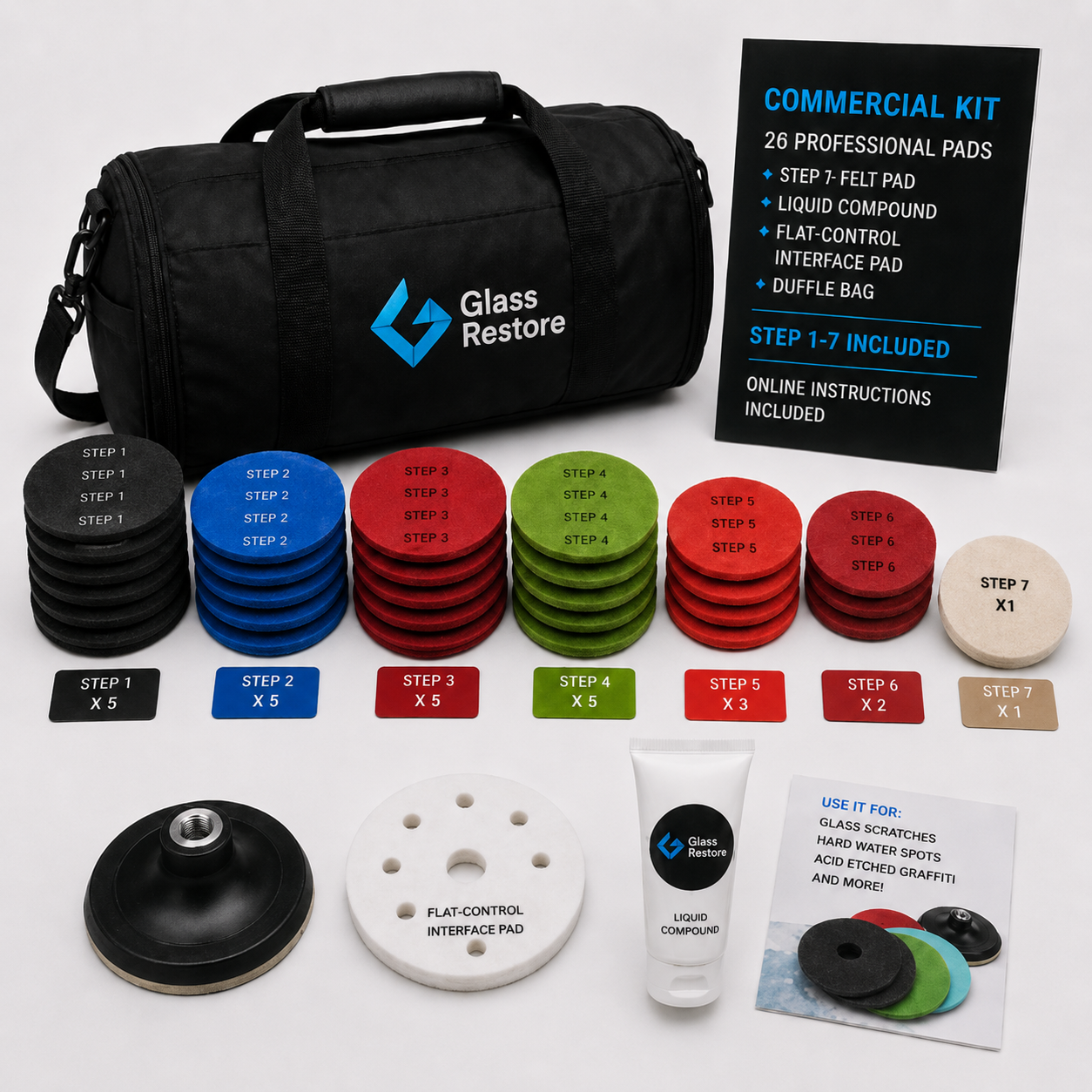 Commercial Glass Scratch Acid Graffiti and Hard Water Spot Removal Kit with 26 pads liquid compound interface pad backing pad and duffle bag