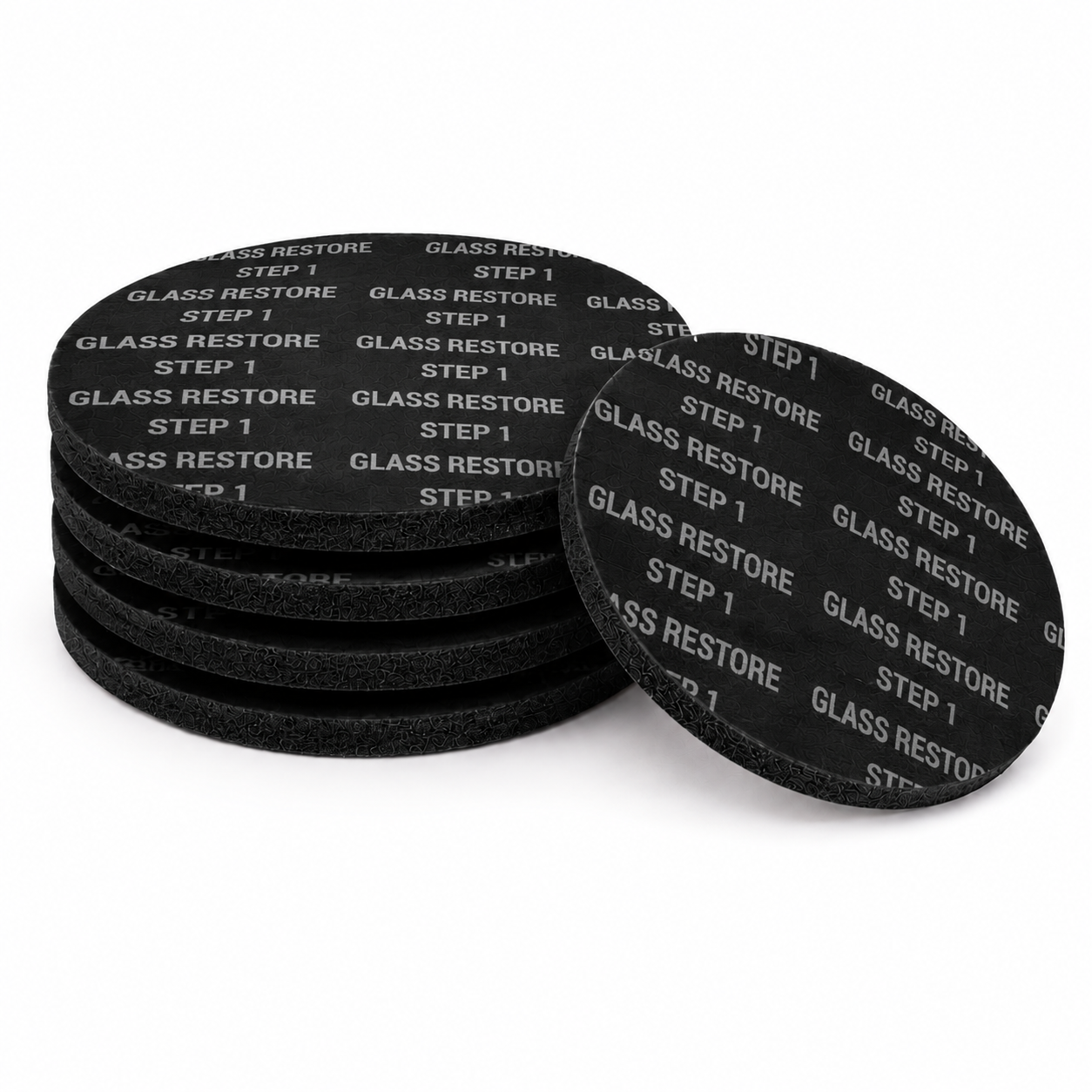 Five black Step 1 Glass Restore polishing pads for deep scratches, acid damage and severe glass restoration! Step 1 glass polishing pads