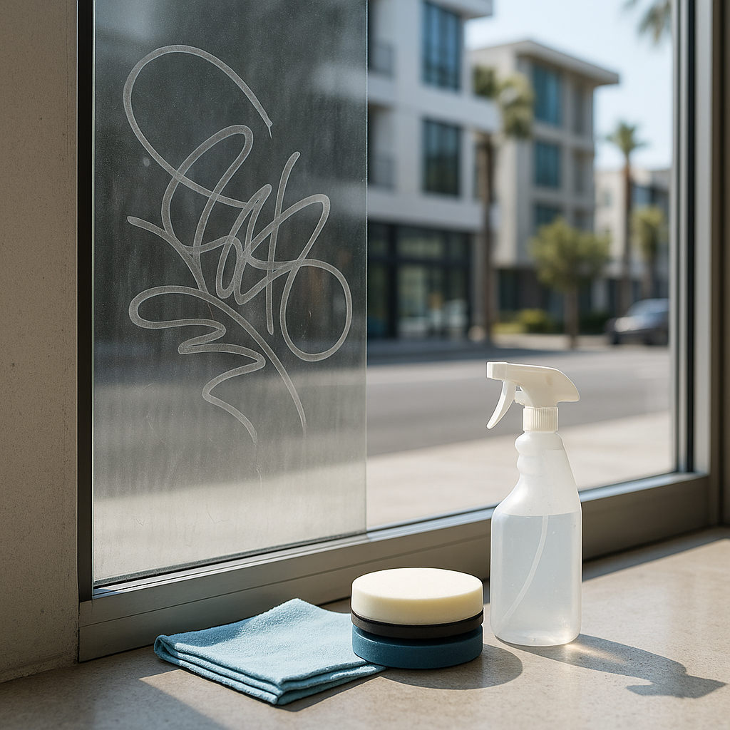 Illustration of Glass & windows etched graffiti removal proven fast same day service for affordable storefront rescue