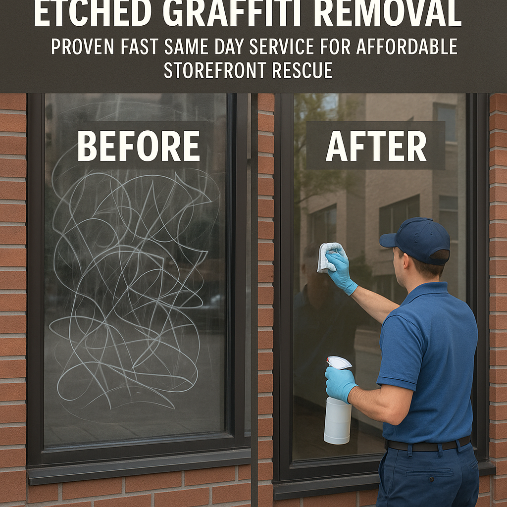 Illustration of Glass & windows etched graffiti removal proven fast same day service for affordable storefront rescue