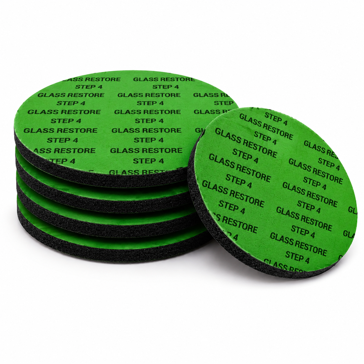 Five Step 4 glass polishing pads from the Glass Restore step-by-step restoration system
