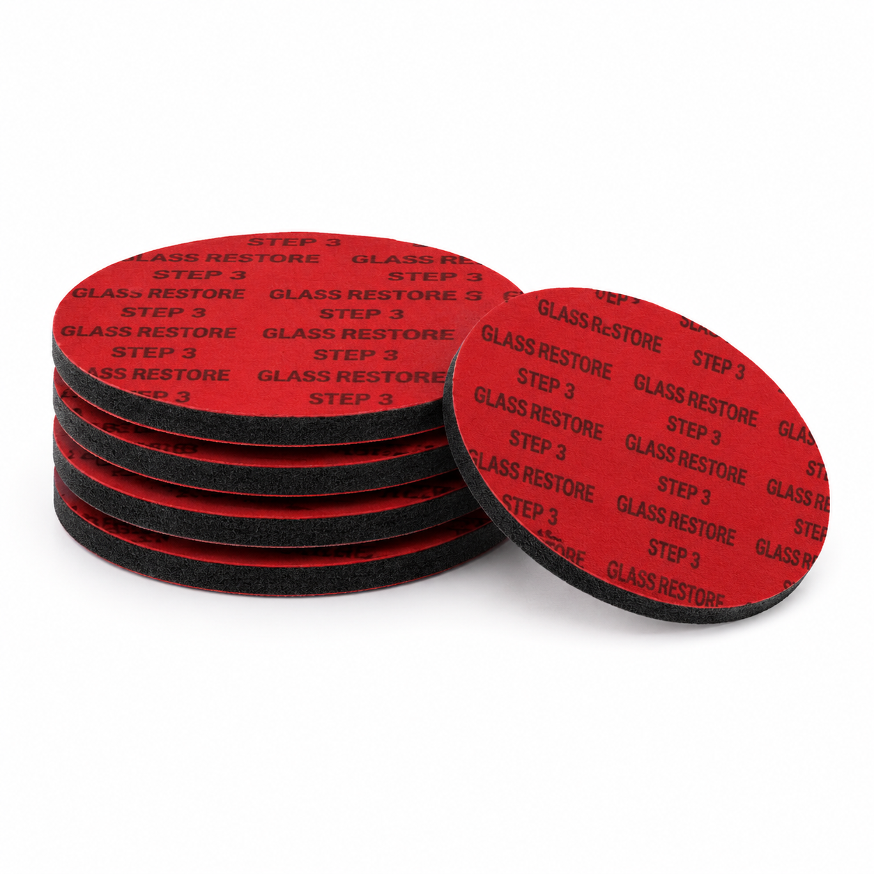 Five Step 3 glass polishing pads from the Glass Restore step-by-step restoration system