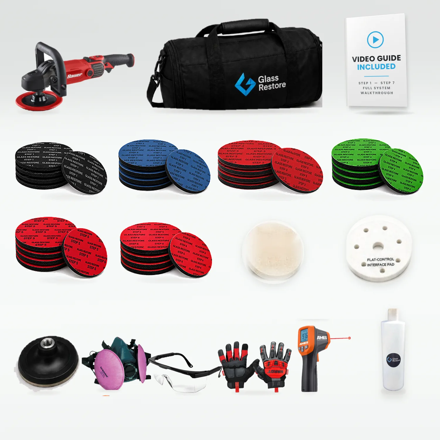 All-in-One professional glass restoration kit: variable-speed polisher, 52 pads for Steps 1 to 7, 16 oz polishing compound, P100 respirator, goggles, gloves, infrared thermometer and duffle bag