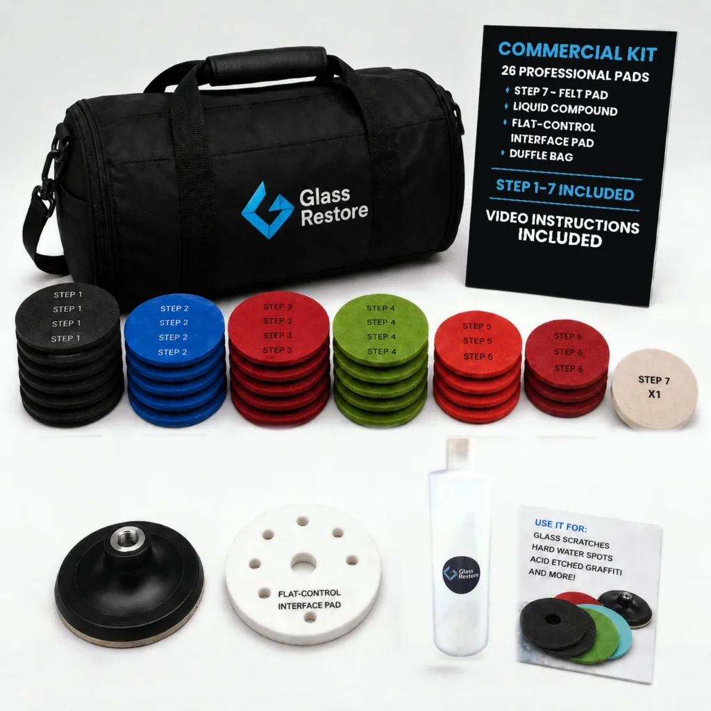 Commercial glass scratch, acid graffiti and hard water spot removal kit with Step 7 felt pad, liquid compound, interface pad and duffle bag