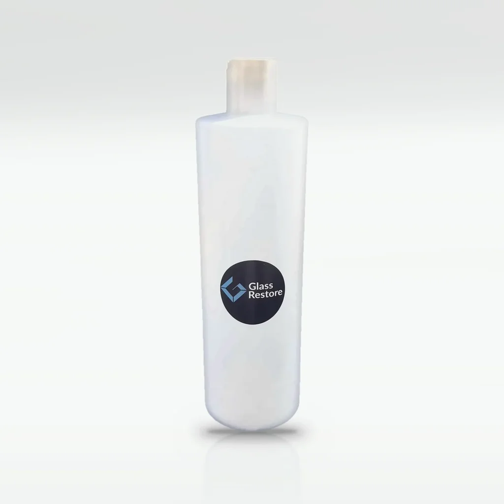 Glass Restore professional glass polishing compound in a 16 oz mixing bottle