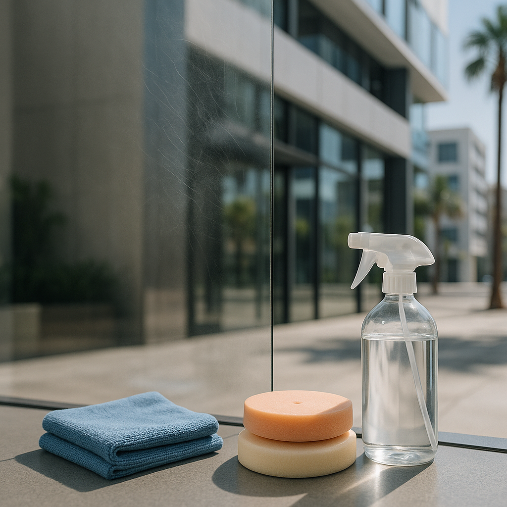 Glass polishing pads, microfiber cloth and spray bottle beside a scratched storefront window in Los Angeles